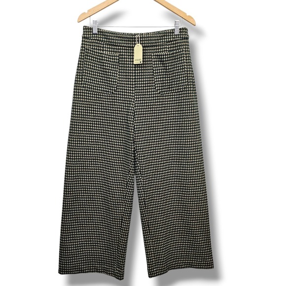 JODIFL Pants - JODIFL Wide Leg Pants Houndstooth Green Cream Cropped L Elasic Waist Pull On NEW